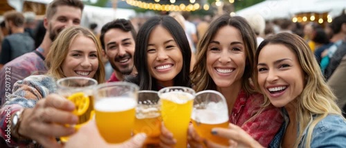 A Toast to Friendship: A group of cheerful friend, raising glasses high, celebrating with refreshing drinks, captured in a vibrant moment of unity and joy.