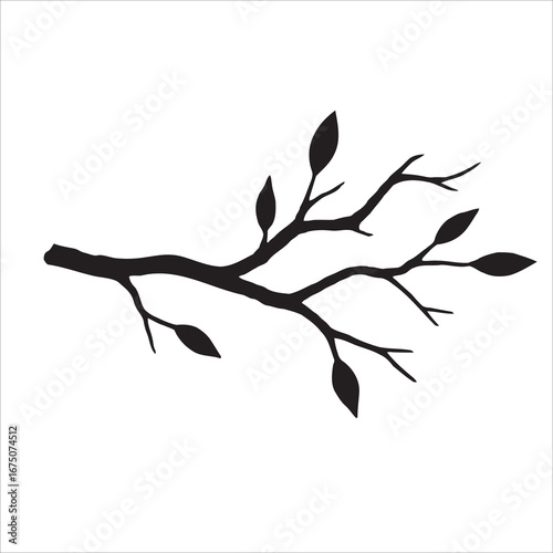 Isolated Tree Branch with Leaves Silhouette