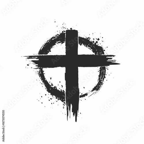 Grunge textured Christian cross within rough circle, symbolic religious sign silhouette
