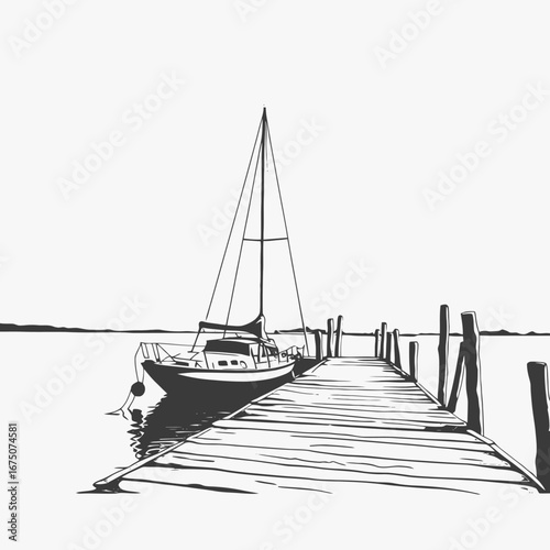 Serene harbor scene depicting a sailboat tied to a dock, a striking silhouette