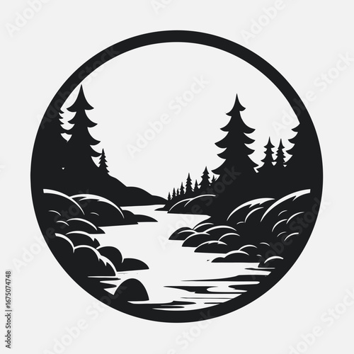 Elegant river flows through forest enclosed in rounded frame silhouette
