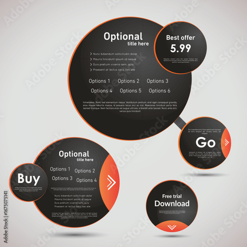 Circular infographic elements with text and icons for pricing plans options and calls to action