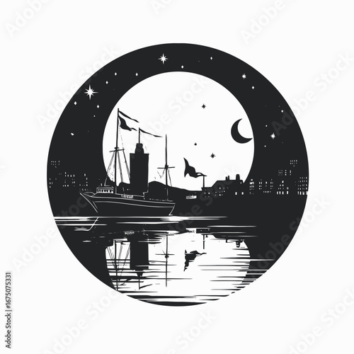 Serene seaside harbor scene featuring fishing boat under starry sky silhouette