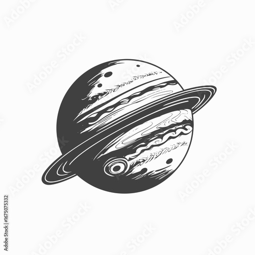 Striking planet with prominent rings presented as a bold monochrome silhouette