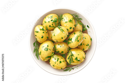 Bowl of boiled potatoes with herbs isolated on transparent background