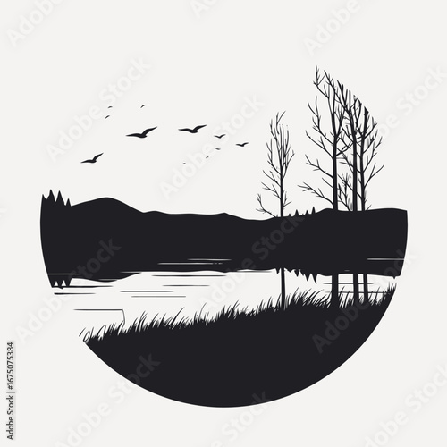 Serene lakeside scene features birds and trees in dark black silhouette