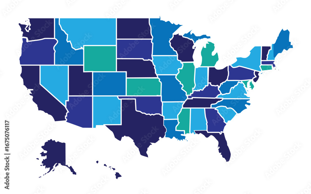 Obraz premium United States map isolated on a white background. The United States map is blue with high-detail areas of the United States. Vector illustration eps 10.