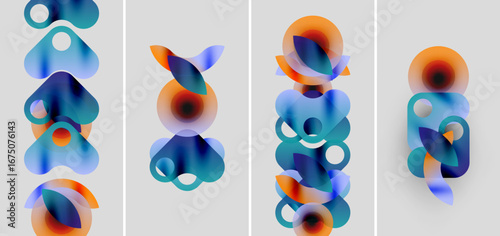 Abstract artwork features layered, translucent circles. Warm orange blends with cool blues, creating dynamic compositions. Minimalist style, soft gradients.
