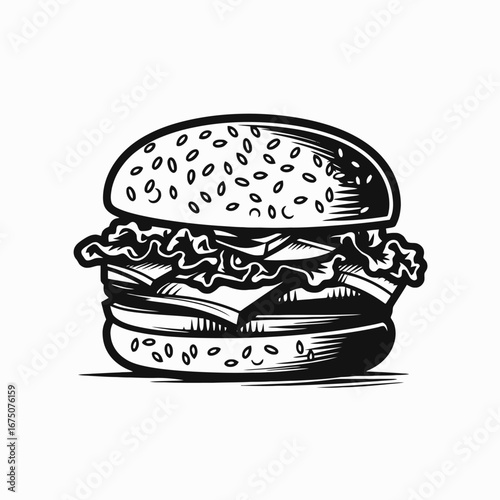 Delicious stacked burger with sesame seed bun rendered in bold monochrome silhouette