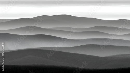 The image is a black and white photo of a mountain range with a foggy atmosphere