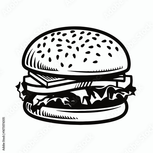 Classic burger illustration with delicious ingredients forming a contrasting silhouette