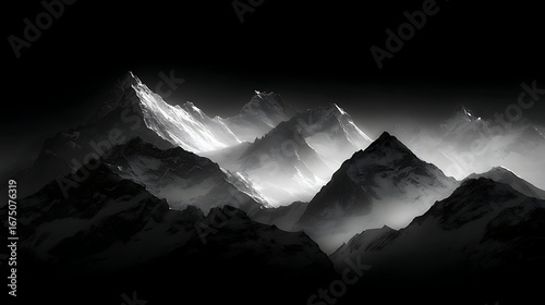 The mountains are covered in snow and the sky is dark