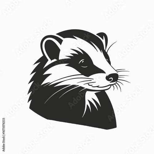 Striking badger head vector drawing against a bright white background silhouette