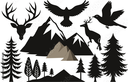 Majestic wildlife silhouettes including deer, eagle, and trees against stunning mountain backdrop
