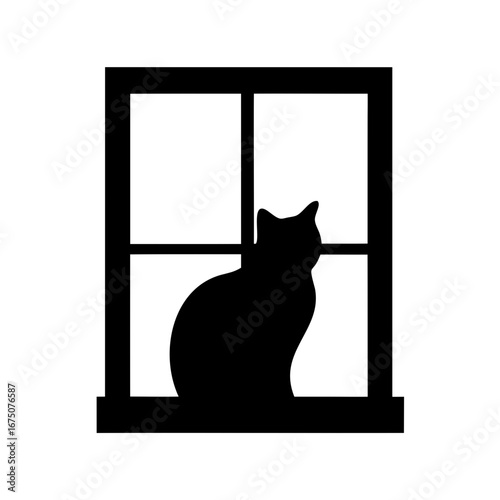 Black cat silhouette sitting in a window looking outside at something