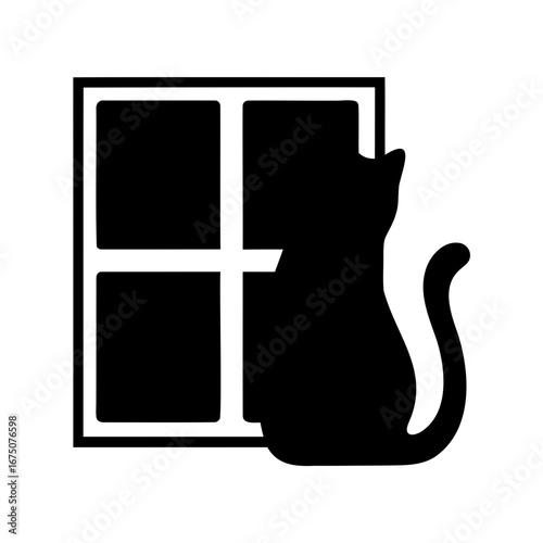 Simple black and white silhouette illustration of a cat gazing out a window