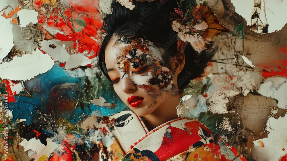 Fototapeta premium Geisha Splattered A Fusion of Tradition and Abstract Expression