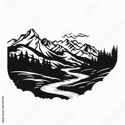 Majestic mountain scenery with river running through forest trees silhouette