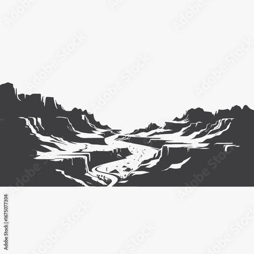 Dramatic vista of grand canyon with winding river water silhouette design