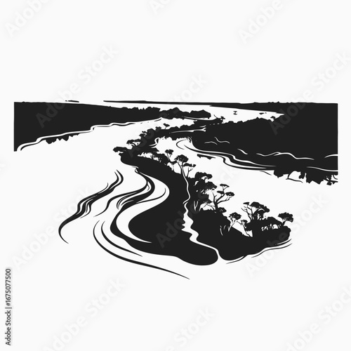 Scenic river winding through landscapes, black and white graphical tree silhouette