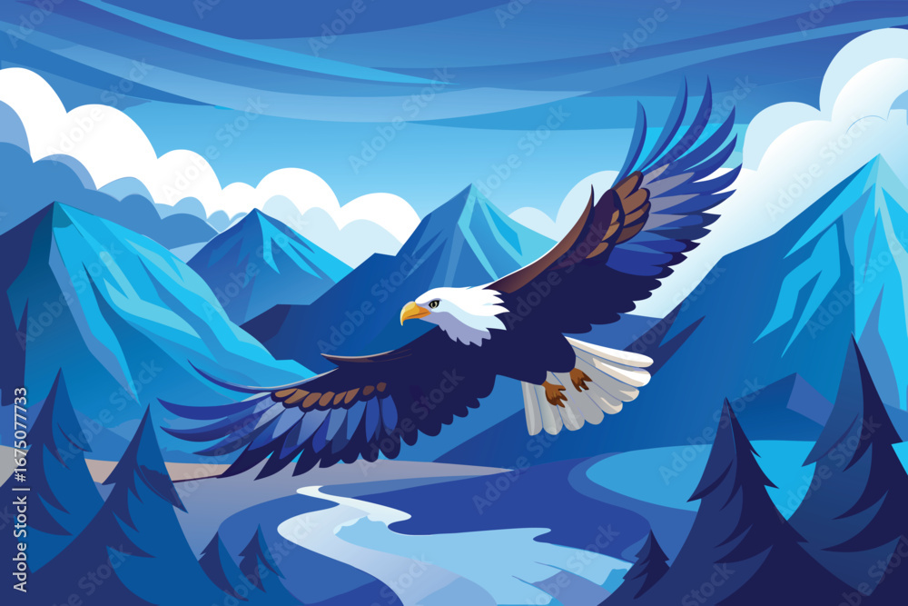 Fototapeta premium Majestic bald eagle soars over a stylized blue mountain landscape with a winding river below