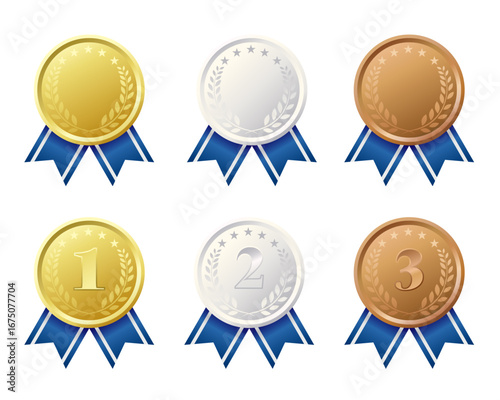 金銀銅のメダルのイラストセット。青いリボンの装飾。白背景にベクターイラスト。
