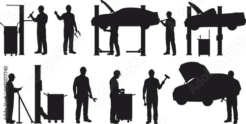 Silhouettes of mechanics repairing cars in auto repair shop, vehicle maintenance illustration, garage workers with tools, automotive service vector design for technical, industrial uses