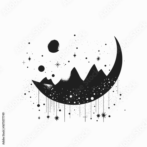 Celestial mountains and stars in a dreamy lunar crescent night silhouette