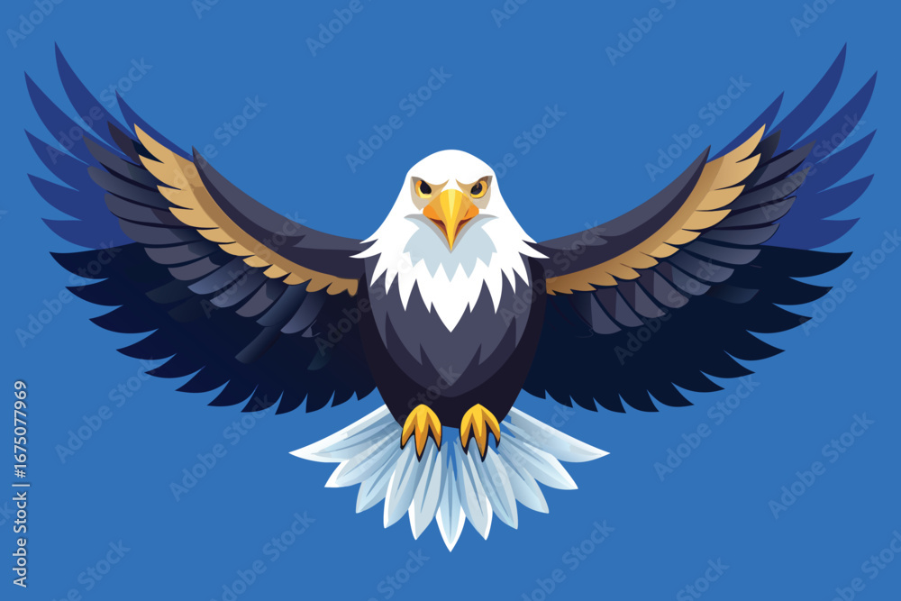 Fototapeta premium Majestic bald eagle soaring powerfully with wings spread wide against a vibrant blue background
