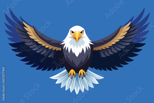 Majestic bald eagle soaring powerfully with wings spread wide against a vibrant blue background