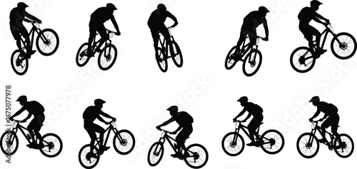Silhouette of mountain bikers performing stunts, cycling jumps, downhill tricks, extreme sport clipart, vector illustration for adventure biking, trail riding, sports design projects