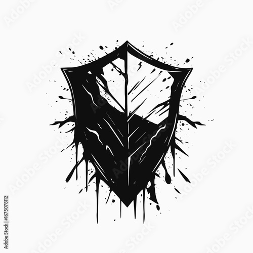 Distressed defensive armor shield with ink splatter black design vector illustration silhouette