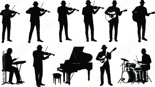 Silhouette of musicians playing violin, guitar, piano, drums, performing live, jazz band illustration, music concert clipart, vector art for creative design use