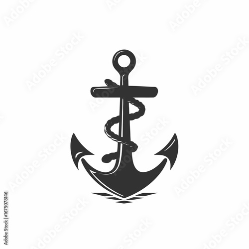 Vintage nautical anchor entwined with rope, dark grey silhouette