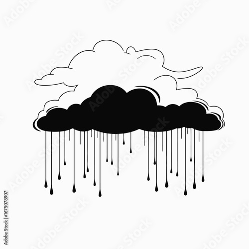 Minimalistic cloudscape illustration features rain droplets in a stark black silhouette