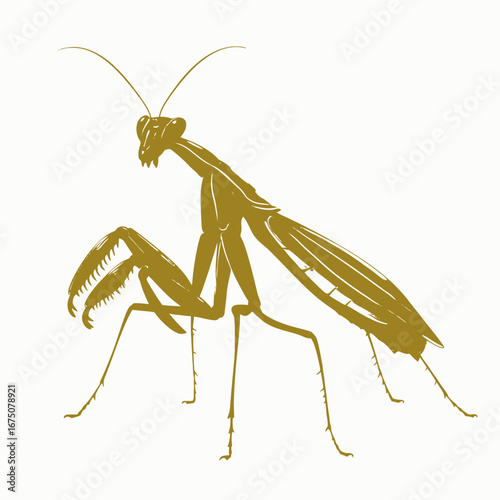 Elegant mantis illustration on white backdrop, showing nature insect golden silhouette