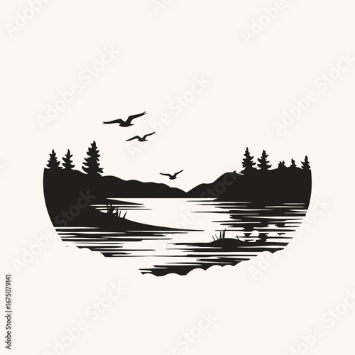 Serene lakeside nature scene showing minimalist landscape with flying birds silhouette