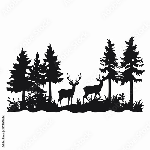 Serene forest scene featuring majestic deer standing peacefully in monochrome silhouette