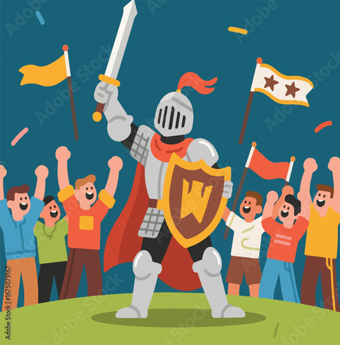 Knight cheers with people flags and confetti in this picture.
