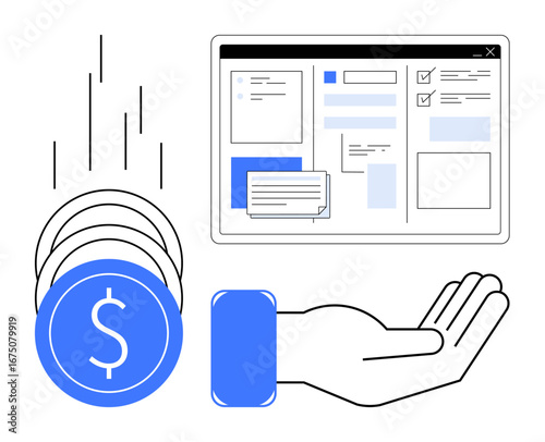 Coins dropping into an open hand with a digital dashboard. Ideal for e-commerce, payment, finance, transaction, money management, financial planning, business growth. Simple flat metaphor