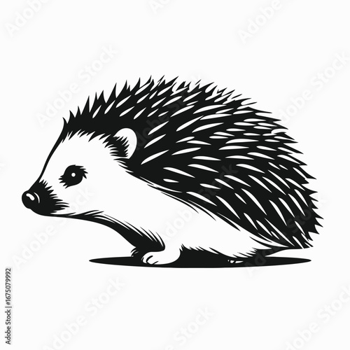 Cute stylized hedgehog art illustration, monochrome animal character profile silhouette