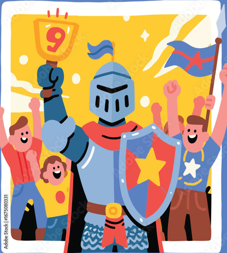 Knight celebrates with a crowd, banners, and confetti. Perfect for events, festivities, parties, and celebrating achievements in a group setting