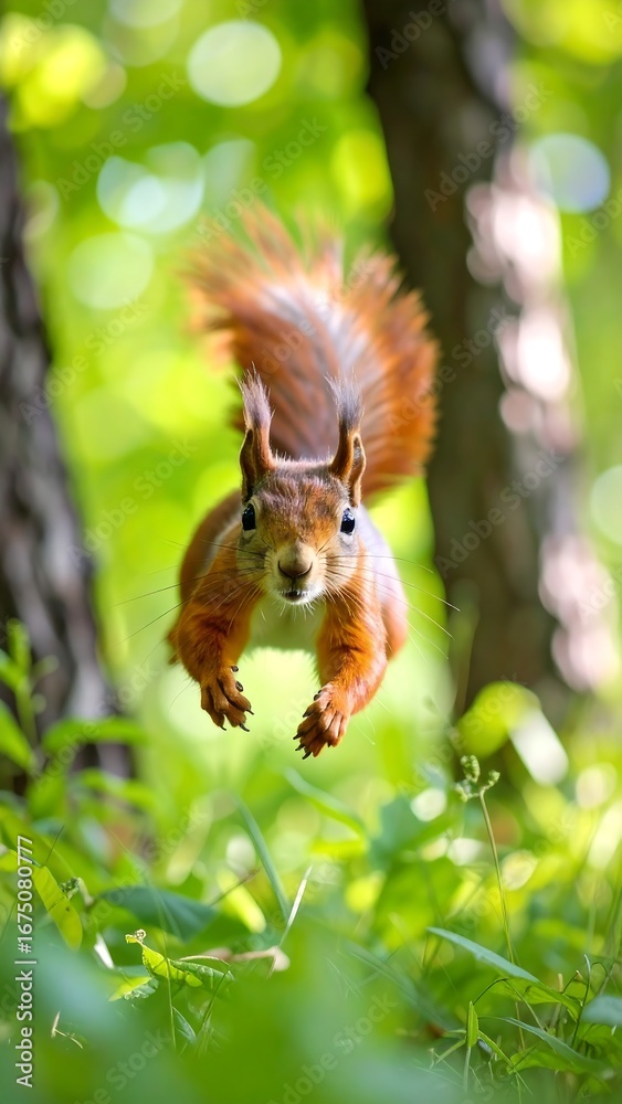 Fototapeta premium Red Squirrel Leaping Through Forest Undergrowth