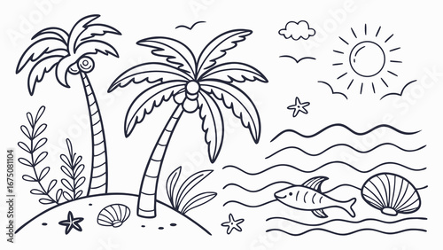 "Hand-drawn tropical and marine doodle set with palm trees, shells, waves, corals and summer beach elements"