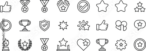 Award icons, medal badges, trophy symbols, star rating, recognition icons, success achievement, honor rewards, celebration icons, winner prize, victory set