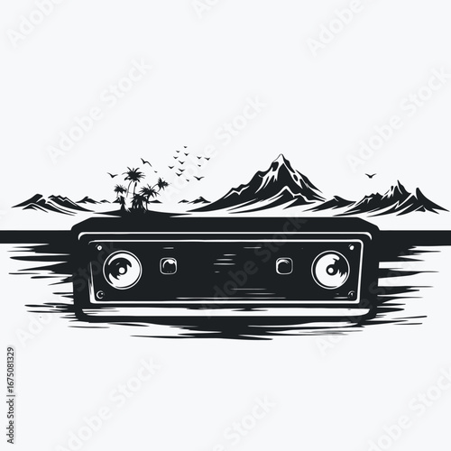 Retro cassette player and tropical mountains in stunning black silhouette