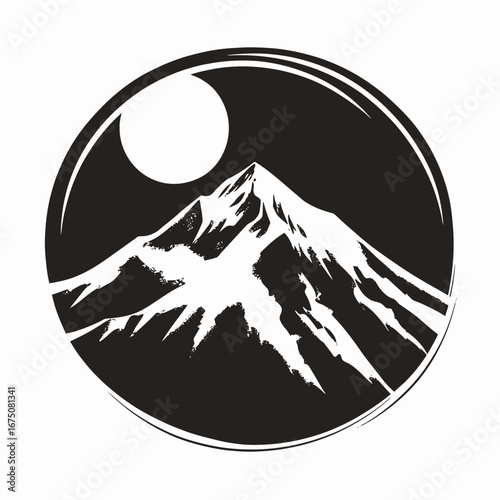 Majestic mountain peak under full moon enclosed circle abstract illustration silhouette