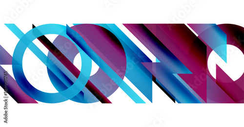 Abstract geometric shapes overlap. Blue, purple hues dominate white background. Modern design, vibrant colors create dynamic composition.