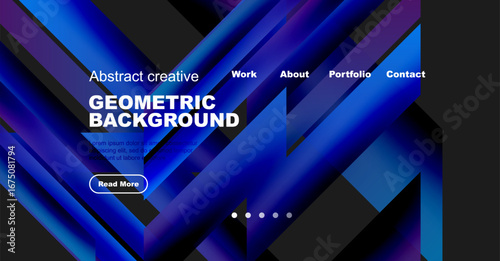 Dynamic geometric background features vibrant blue hues. Website header includes navigation options, text, button. Modern design elements present.