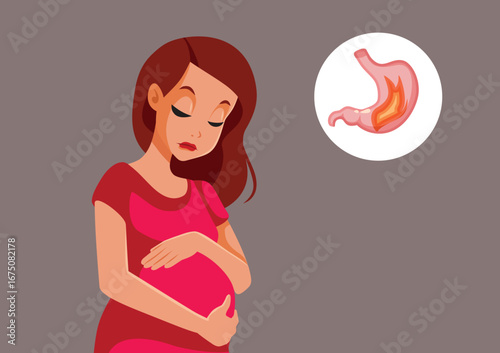 Sick Pregnant Woman Experiencing Heartburn Vector Illustration. Pregnancy related problems because of the increasing levels of hormones such as progesterone 
